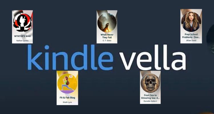 Kindle Vella logo with five story covers