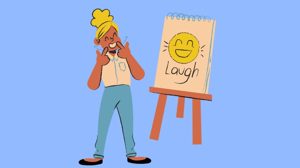 A person with an easel next to them. On the easel is a canvas with a picture of a laughing face that says laugh