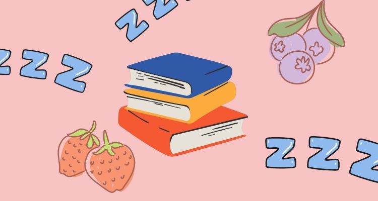 pile of books on a pink background with fruit and snoozing z's.