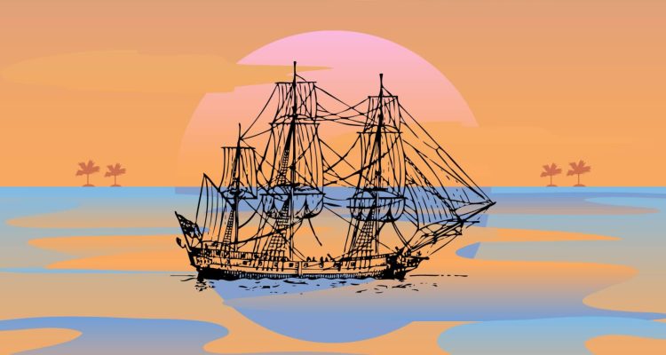 A pirate ship sketch in front of an orange sunset reflecting against the blue water