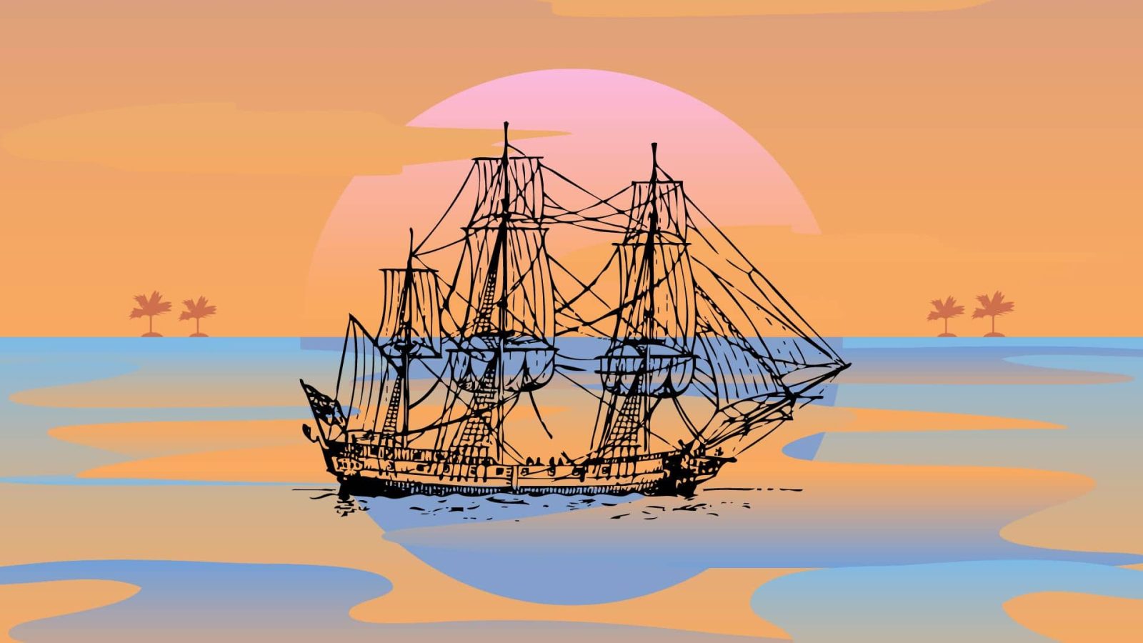 A pirate ship sketch in front of an orange sunset reflecting against the blue water