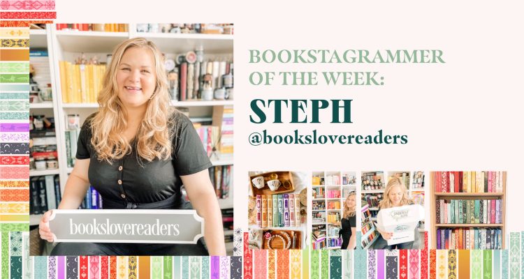 Bookstagrammer Stephanie holding a placard with her Instagram handle @bookslovereaders on it, in front of her white bookshelf
