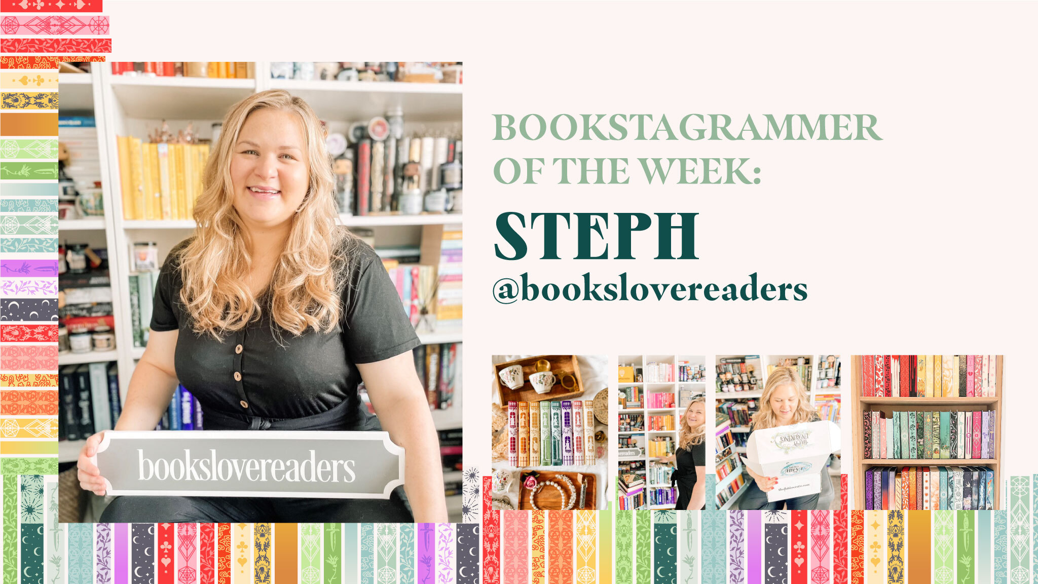 Bookstagrammer Stephanie holding a placard with her Instagram handle @bookslovereaders on it, in front of her white bookshelf