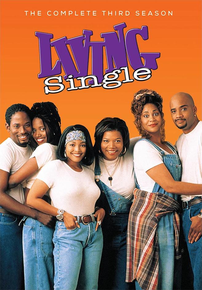 Living single cast posing against an orange background underneath the show title.