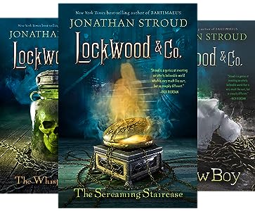 from left to right
lockwood and co- the whispering skull by Jonathan stroud book cover
lockwood and co- the screaming staircase by Jonathan stroud book cover
lockwood and co- the hollow boy by Jonathan stroud book cover
