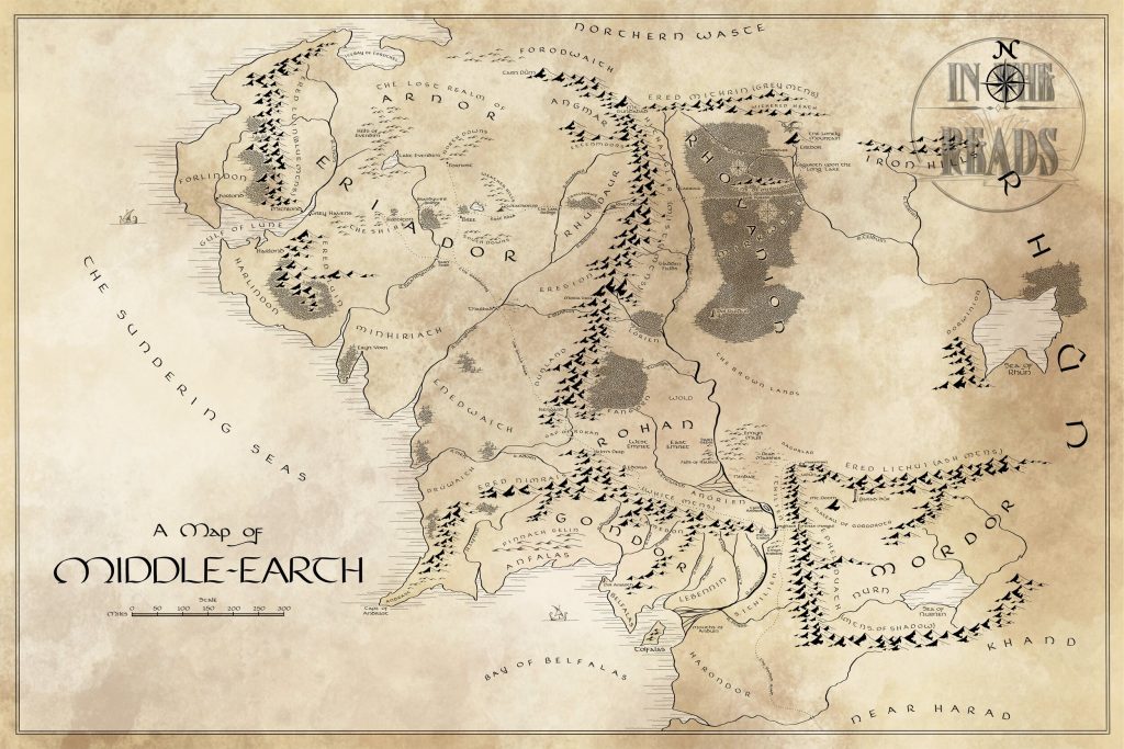 Map of Tolkien's Middle-Earth from The Lord of the Rings with many topographical features.