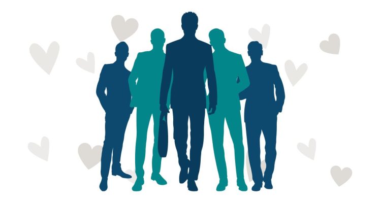 Teal and navy male silhouettes on a white background with grey hearts