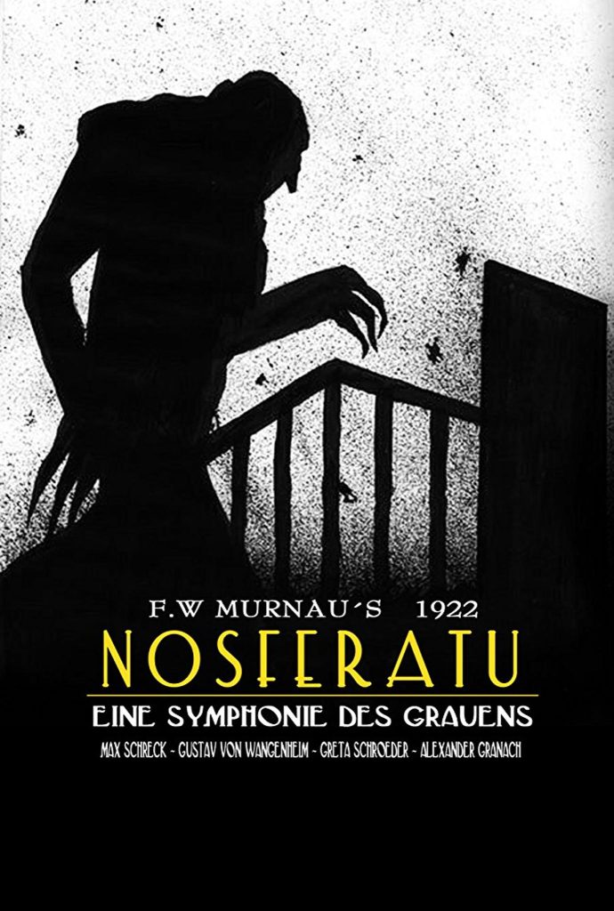 Nosferatu movie poster in black and white featuring the silhouette of Nosferatu climbing a staircase