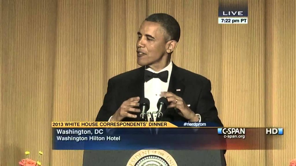 Obama giving speech at White House Correspondents' dinner in 2013