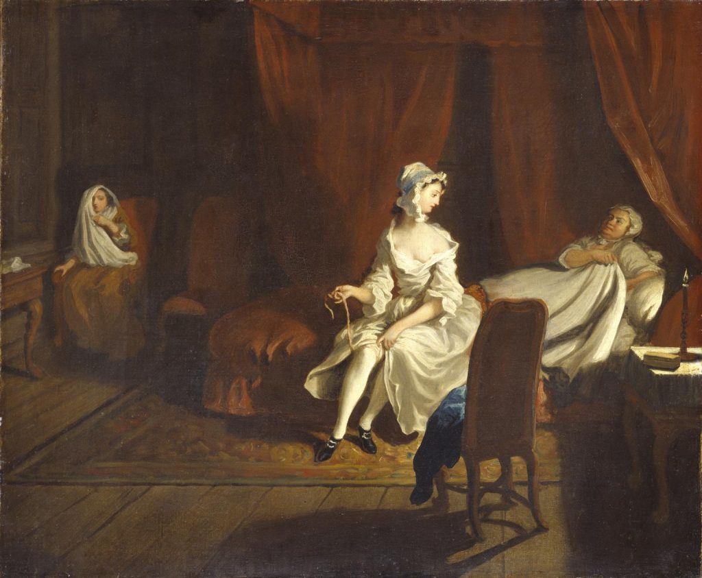 Painting of Pamela sitting on a bed with Mrs. Jewkes and Mr.B hiding in the corner.
Painter Joseph Highmore 1743-1744
