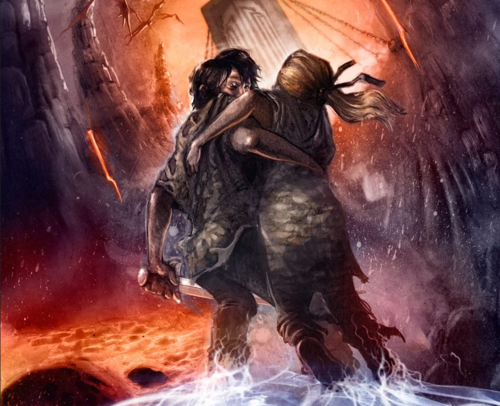 Percy Jackson carrying Annabeth in Tartarus from the House of Hades book cover. 