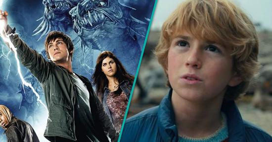 Percy Jackson from the movies with Annabeth and a lightning rod and Percy Jackson from the TV show on the right with blonde hair. 