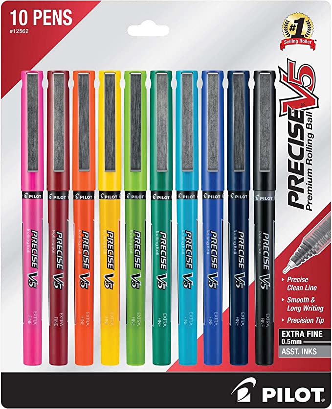 10 pack multi-colored Pilot Precise V5 gel pens,.
