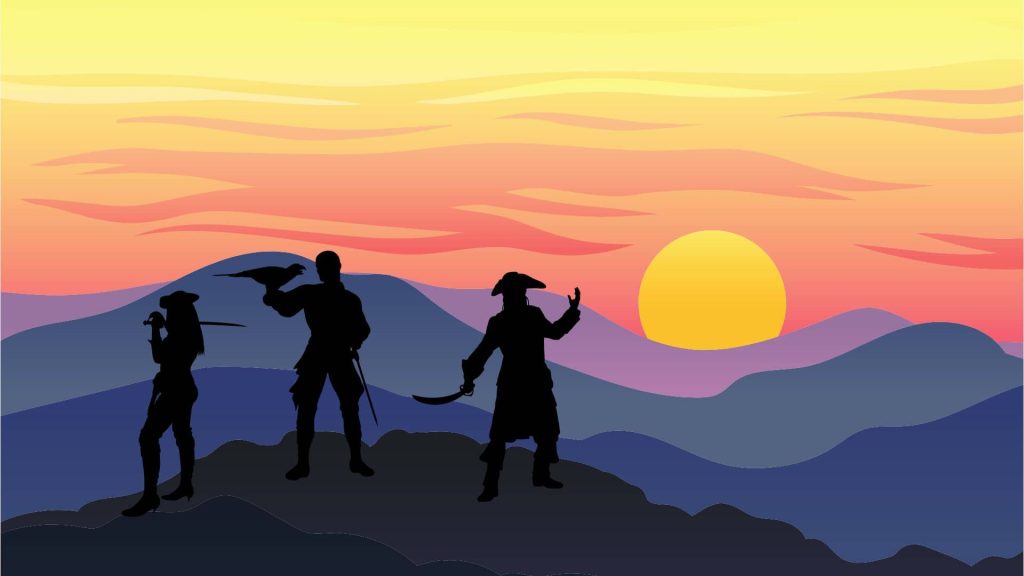 Three pirate silhouettes and they are standing on a hill. The background is a mountain range with a sun set