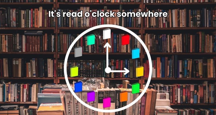 Clock with colored books instead of numbers and a bookshelf covered in books for the background.