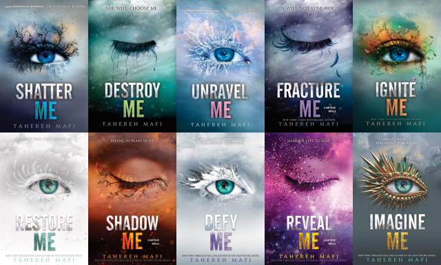 Shatter Me series covers in order, all with eyes in various shapes and forms.