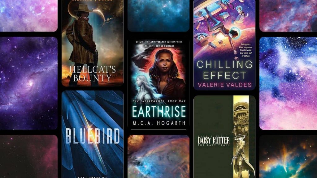 A collage of colorful pictures of space and space cowboy romance books.