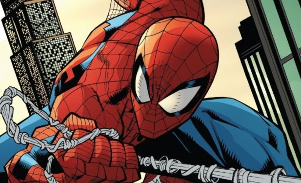 comic book Spiderman slinging from webs in New York