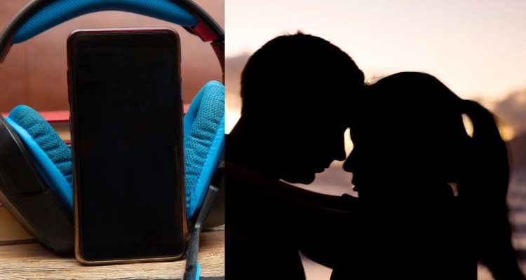 couple in an romantic embrace silhouette, phone and headphone.