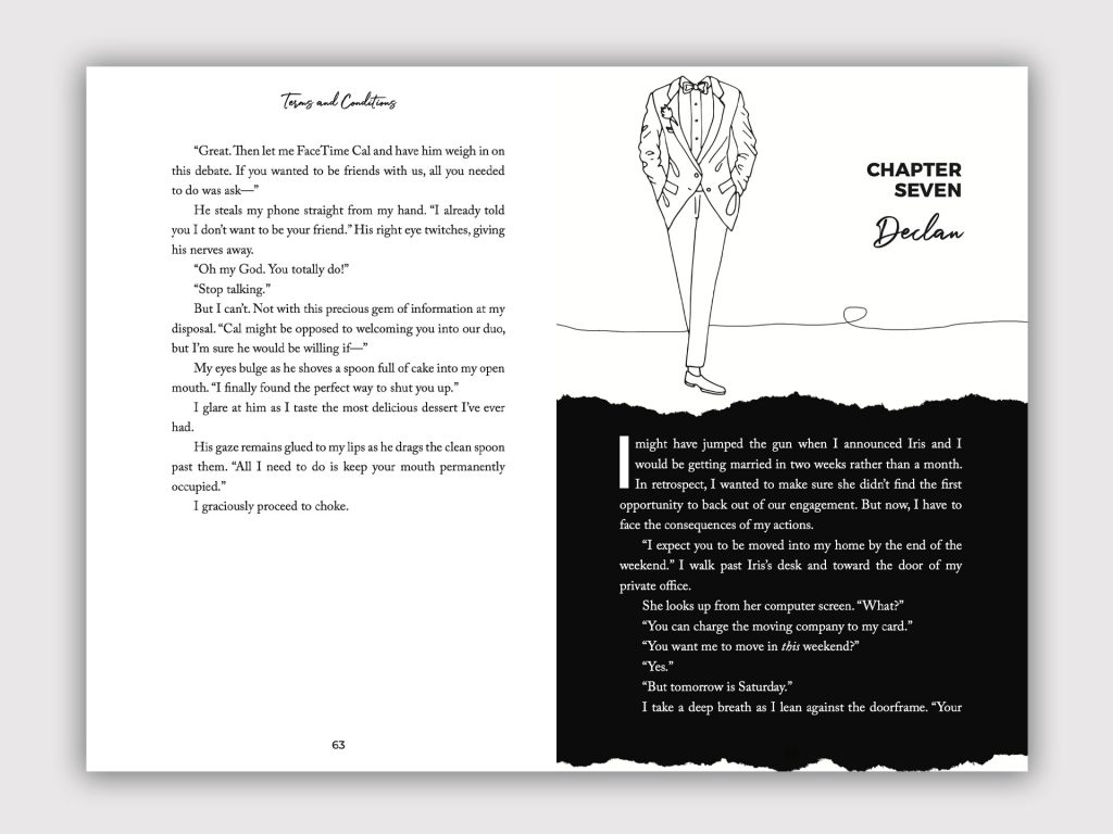 Digital copy of chapter Seven of Lauren Asher's book showing man in a tux illustration.