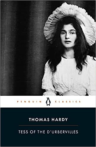 tess of the d'urbervilles cover black and white portrait of young woman wearing bonnet with black hair and blank expression with her mouth slightly open