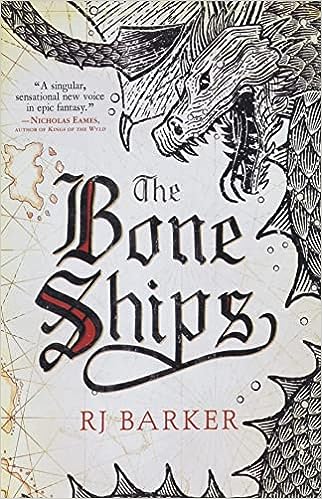 A white book cover has a dragon looking down on the top right of the cover and a map on the left. In the middle is the title the bone ships by rj barker