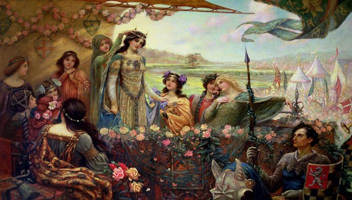 Folklore Thursday Painting of The Divine Tragedy of Guinevere Queen Guinevere recieving her crown in from of a female audience in the forest