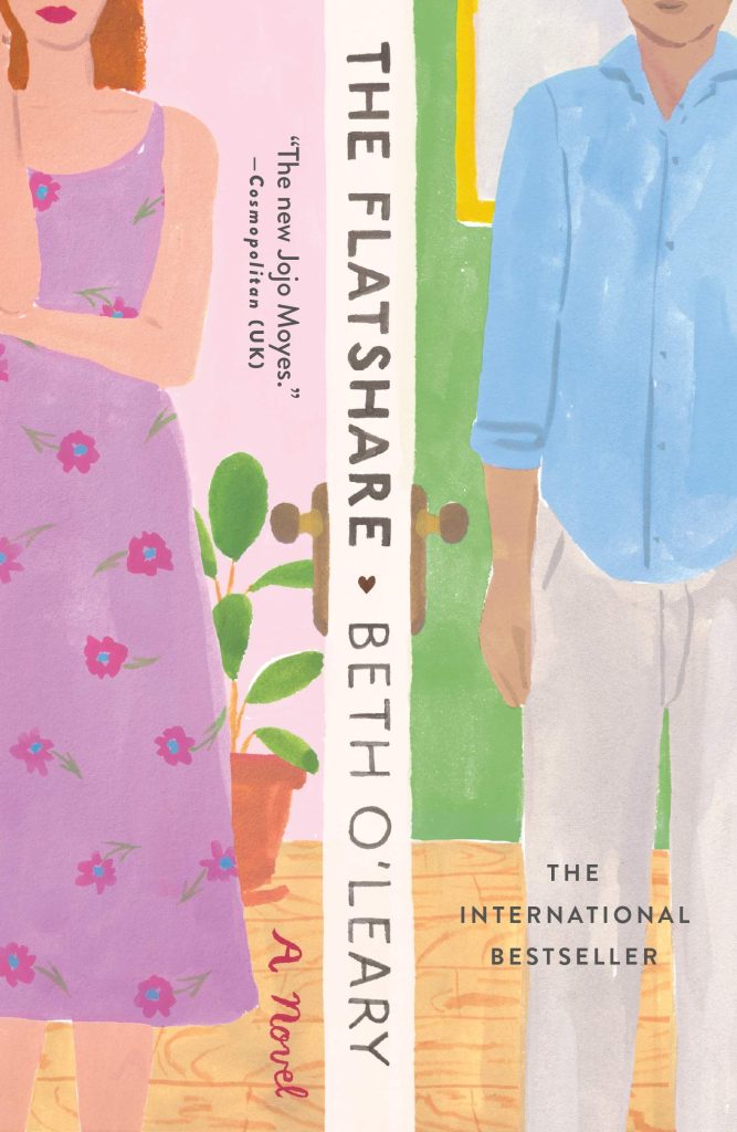 book cover of the flatshare by beth o'leary watercoloured image of a girl on the left in a feminine flat divided by a door from the left where a man stands in a male flat