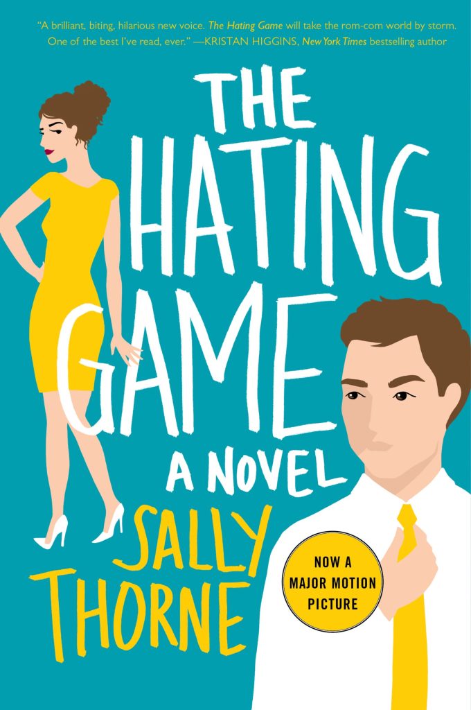 book cover of the hating game by sally thorne a girl in a yellow dress giving the side eye to a man holding a matching yellow tie around his neck