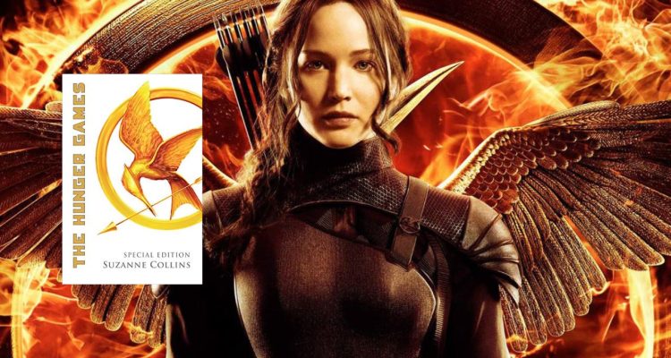 Katniss in Mockingjay uniform and The hunger games book cover