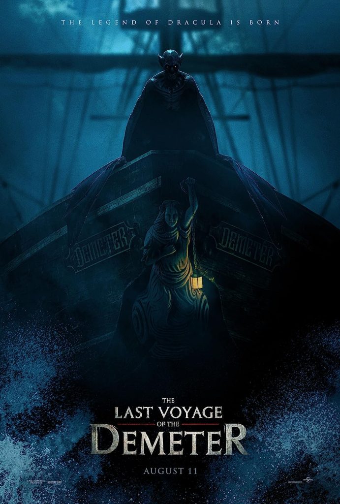 The Last Voyage of the Demeter 2023 movie poster featuring the front of a ship with Dracula looking out at the ocean