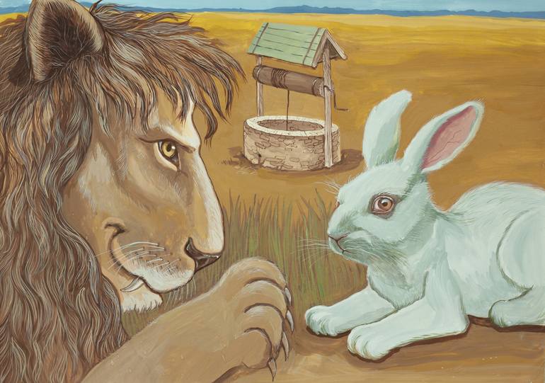 A lion and a white rabbit in front of a well.