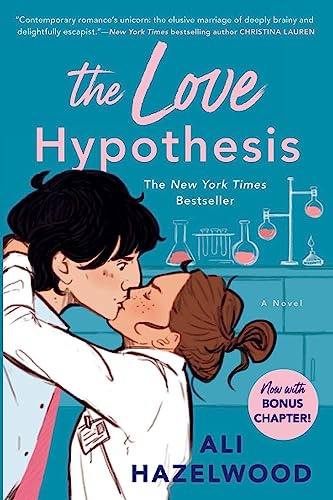 the love hypothesis by ali hazelwood book cover
a woman in a lab coat kissing a surprised man in a science lab
