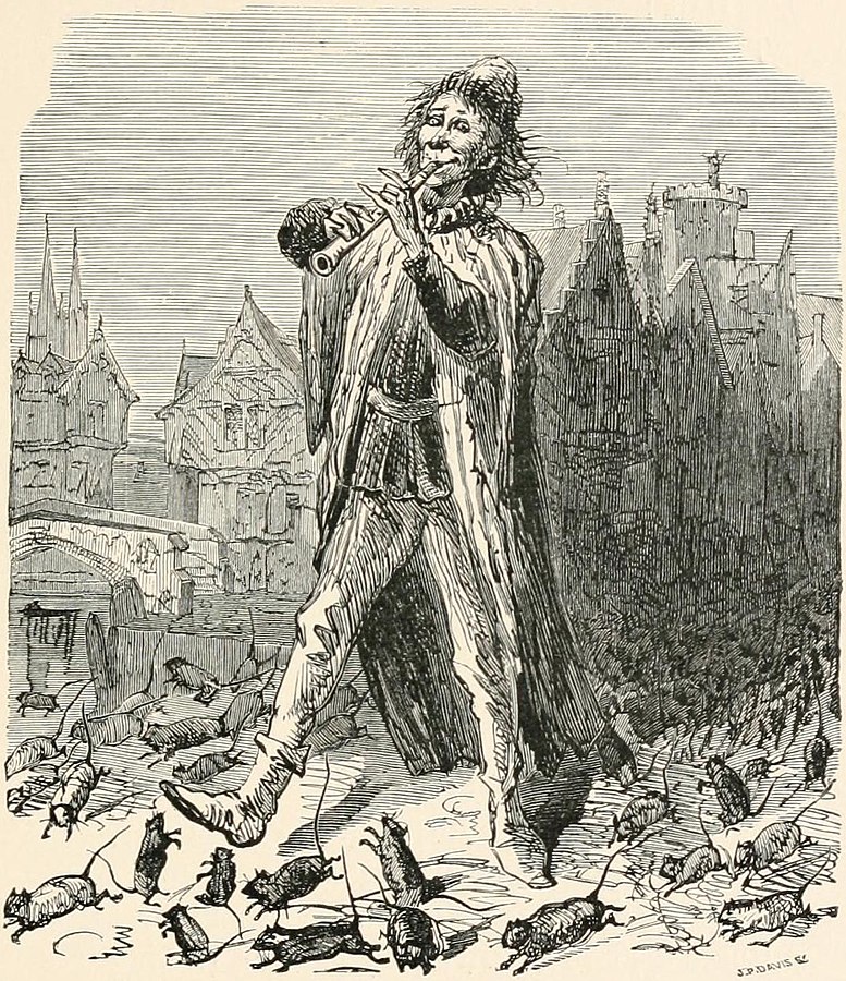 The pied piper of Hamelin leading rats away from a city