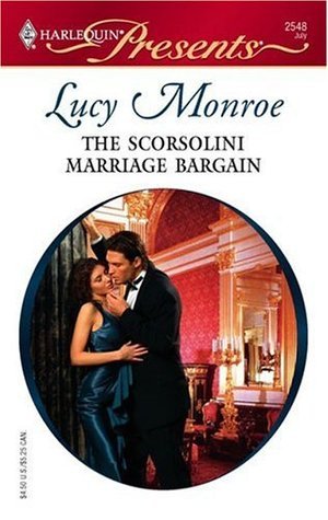 the scorsolini marriage bargain by lucy monroe book cover
man in tux stands over woman holding her chin while she touches his arm in a blue dress they stand in a beautiful room with red walls gold details and high ceilings 