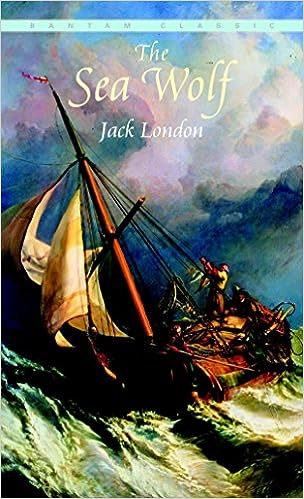 A colorful book cover with a ship sailing on stormy seas in the middle. At the top is the title the sea wolf by jack london