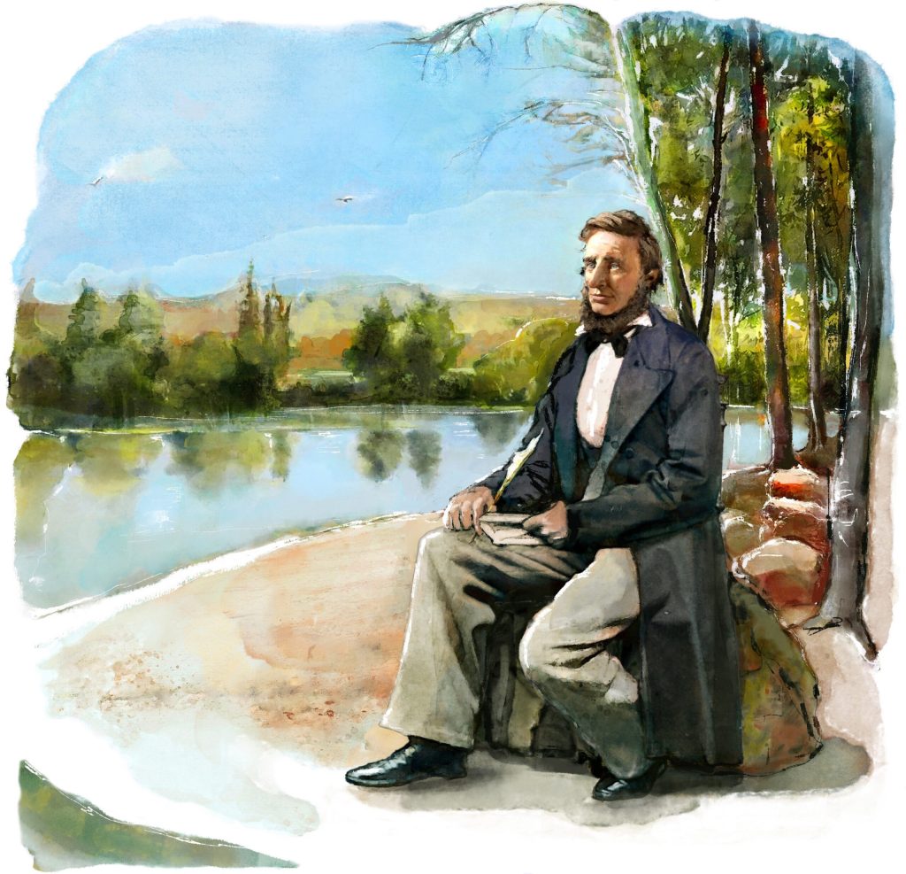 Henry David Thoreau in a suit sitting on a rock surrounded by trees and a body of water.