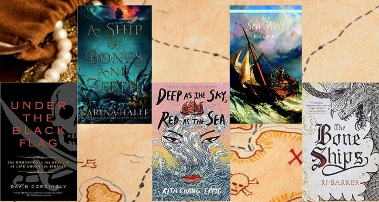 A pirate map and treasure behind five colorful book covers