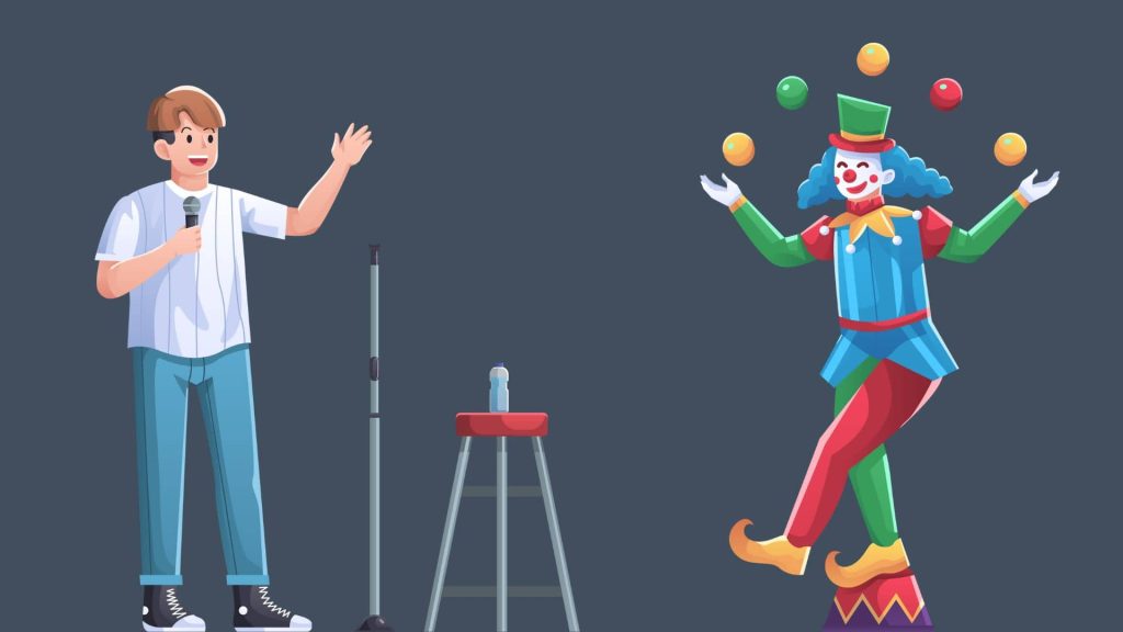 A stand up comedian is speaking into a microphone on the left. A colorful clown is juggling while holding one foot in the air