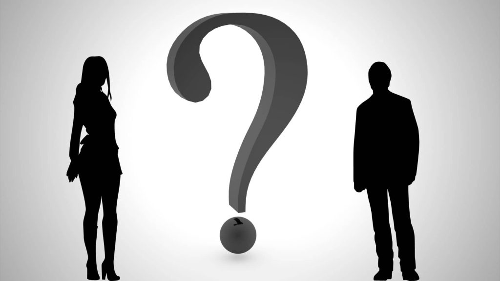 A gray and white background with a question mark in the middle. On the left side is a woman's silhouette and on the right side is a man's silhouette.