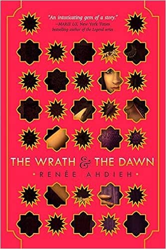 A pink book cover with star cut outs on it. Behind the cut outs is a beautiful woman with black hair and a purple dress in front of her is the title the wrath and the dawn by renée ahdieh