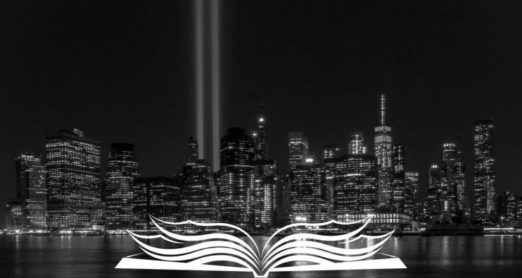 light view of the 9/11 tower memorial with a white open book at the botton