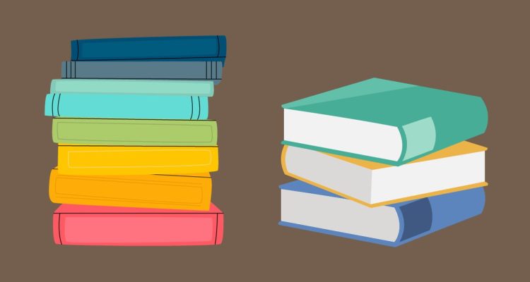 A brown background with stacks of colored books in the front.