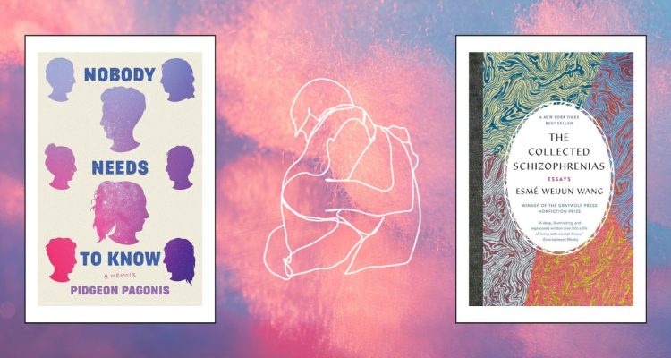 colorful purple pink clouds, two people hugging white outline, two books side on the left side and right side of the hugging couple: Bobody needs to know (right), the collected schizophrenia left)