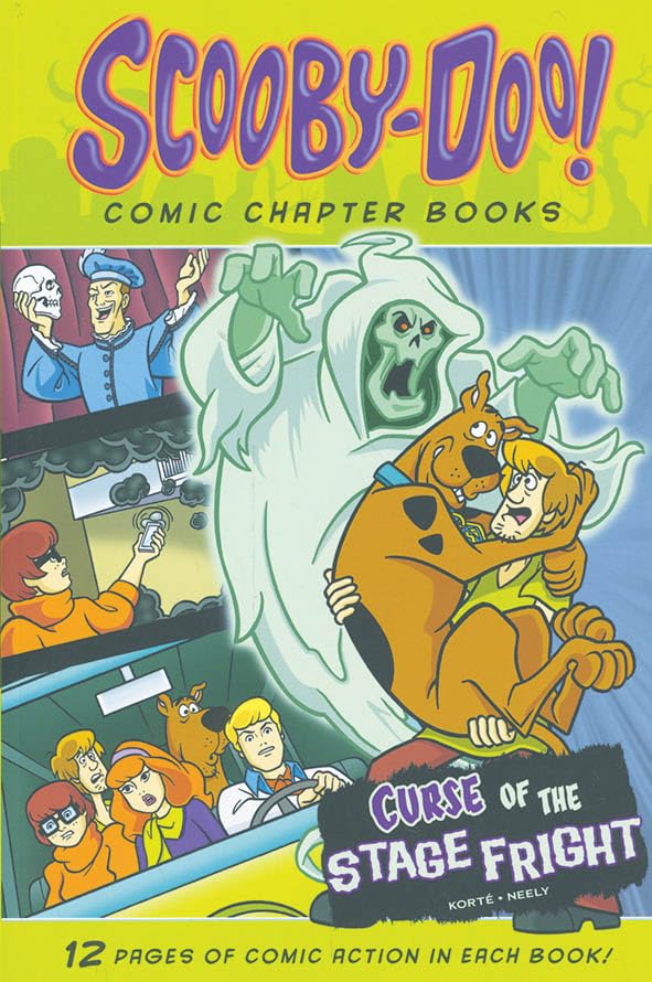 Curse of the Stage Fright (Scooby-Doo Comic Chapter Books) book cover of a ghost lurking over scooby and shaggy with the mystery car behind them