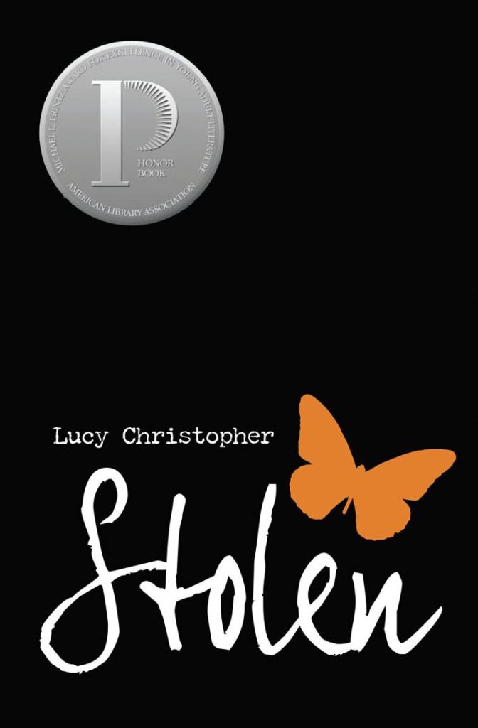 Stolen book cover, black with an orange butterfly silhouette