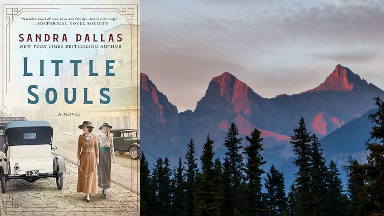 Little Souls by Sandra Dallas cover next to Rocky Mountains landscape