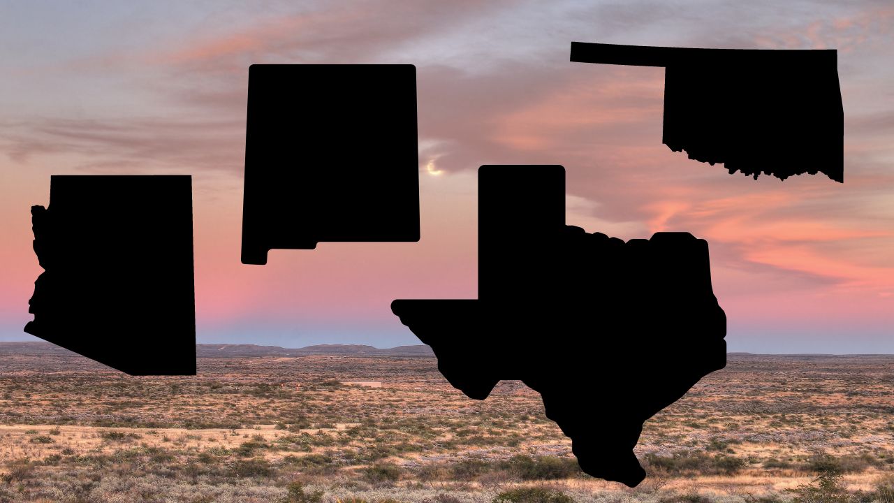 Desert sunset background with silhouettes of Arizona, New Mexico, Texas, and Oklahoma