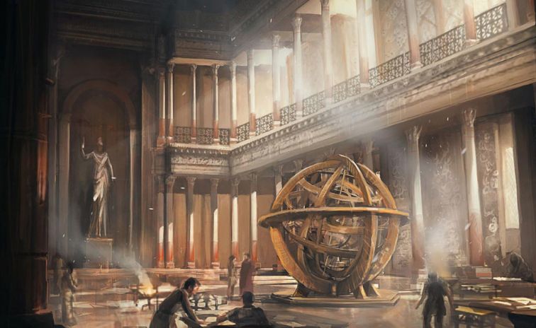Greek City Times Library of Alexandria Modern Illustration including a statue and a model of the Earth
