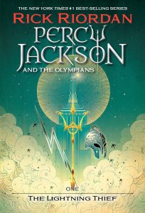 Percy Jackson and The Lightning Thief cover with a Greek helmet, a lightning bolt, and a trident. 